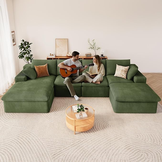 136" Cloud Modular Sectional Sofa with 1 Ottoman, Comfort U Shaped Sofa for Living Room, Deep Seat Boneless Couch, Modern Upholstered Corduroy Couches, No Assembly Required(Green,Left Facing Chaise)