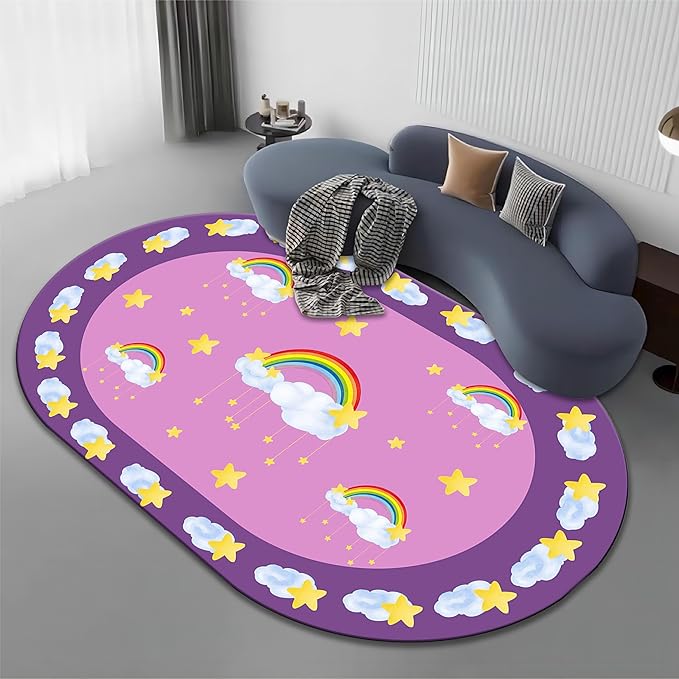 Rainbow Stars Kids Rug, 5x8ft, White Clouds Yellow Stars Pattern Oval Rug, Cute Soft Indoor Carpet for Girls Bedroom, Non-Slip Washable Low Pile Floor Mats for Classroom Nursery Playroom