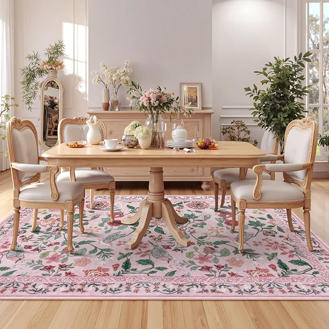 Pink Floral 5x7 Area Rug, Washable Non-Slip Boho Rugs for Living Room Low Pile Flower Birds Bedroom Rug, Soft Non-Shedding Botanical Indoor Carpet for Nursery Playroom Dining Room