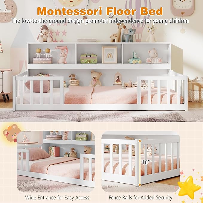 Giantex Twin Floor Bed for Kids, Wooden Montessori Bed Frame with Bookcase, Storage Shelves & Safety Fence Rails, Floor Beds Twin for Girls, Boys, No Box Spring Needed, Without Slats, White