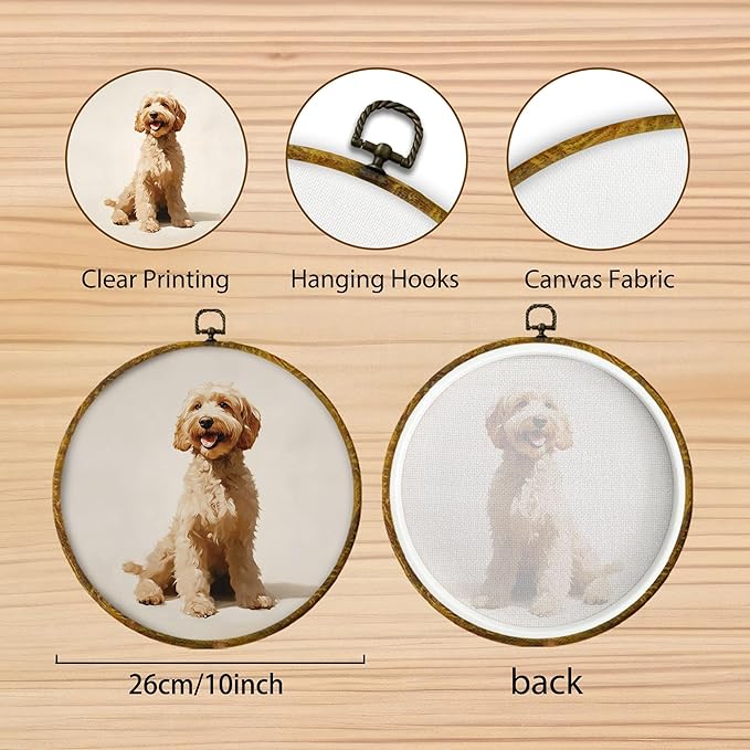 Hiuwevt Vintage Goldendoodle Dog Round Wall Art Decor, Golden Doodle Gifts Framed Canvas Prints, Rustic Neutral Dog Round Wall Hanging Decor for Home Bedroom Living Room Decorations, 10x10 Inches