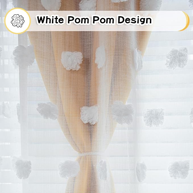 MYSKY HOME Extra Long Double Layer Curtains for Bedroom Princess Curtains for Daughter Room 95 Inches Long Pom Pom Sheer Curtains with Grommet Yellow Blackout Curtains for Living Room 52 x 95 Inch