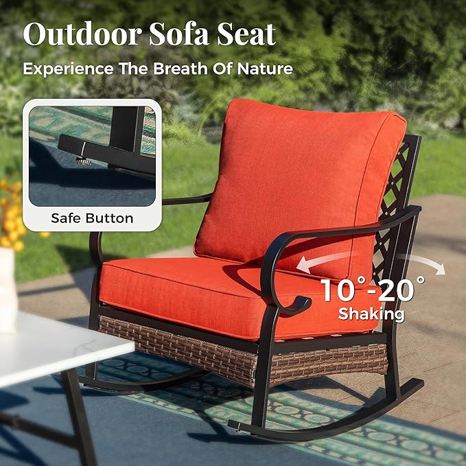Outdoor Patio Rocking Sofa Chairs Set of 2 Steel Frame Porch Furniture with Deep Seating and 5.75" Cushions for Lawn Backyard Deck, Red