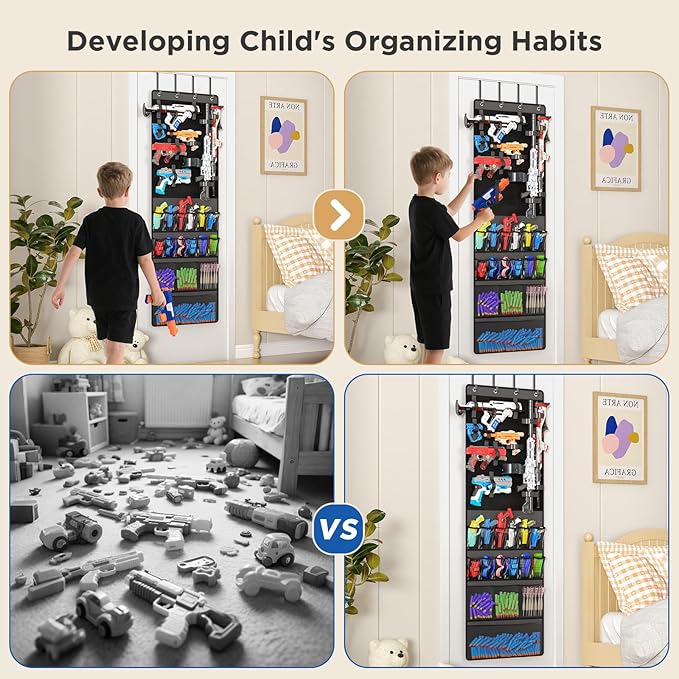 Over The Door Organizer for Toy Guns, Toys Storage Door Hanger with Pockets and Slots for Kids Foam Blasters, Darts, Goggles, Over Door Toys Storage Organizer, for Kids Rooms, Game Rooms, Gray