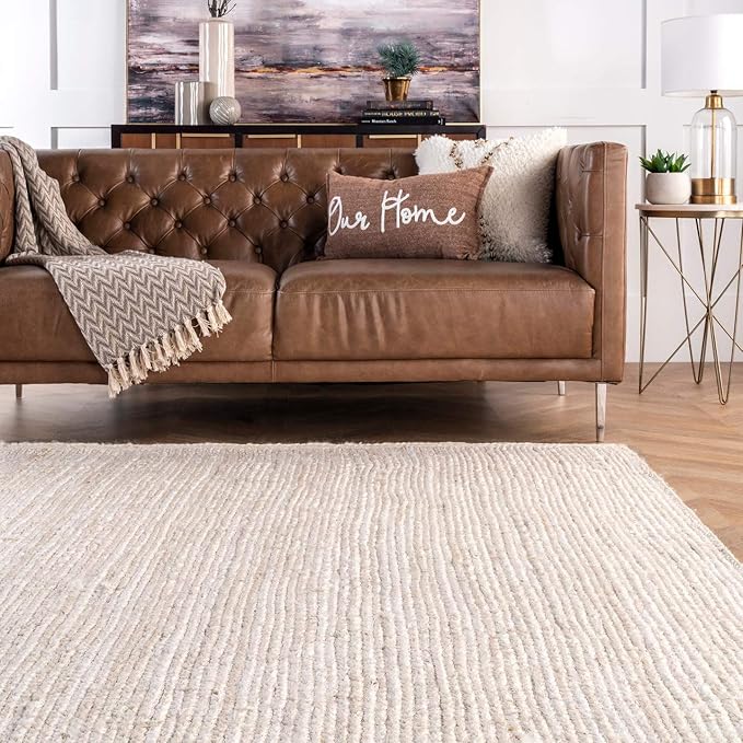 nuLOOM 4 Square Rigo Jute Hand Woven Area Rug, Off White, Solid Farmhouse Design, Natural Fiber, For Bedroom, Living Room, Dining Room, Hallway, Office, Kitchen, Entryway