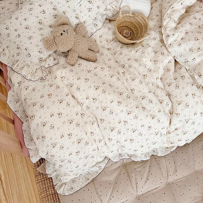 AOJIM Kids Crib Duvet Cover with Colorful Floral Print, 1pc Pure Cotton Baby Muslin Toddler Comforter Cover 47X59'', Ruffled Design Bedding 2-Layer Gauze for Boys Girls, No Quilt or Pillowcases
