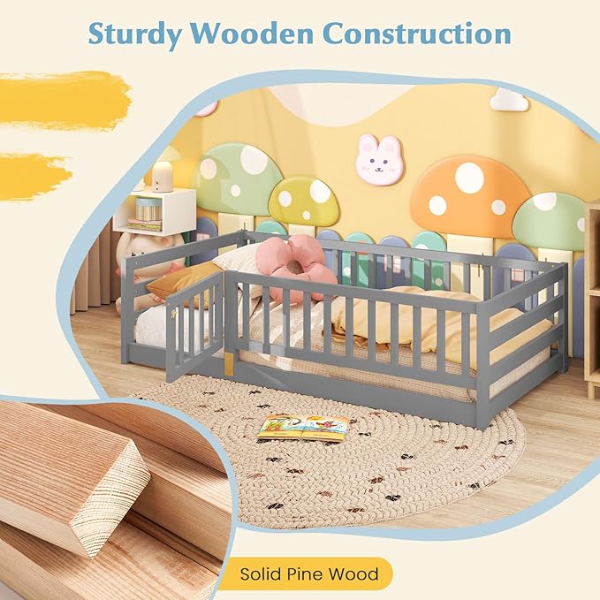 Giantex Twin Floor Bed with High Fence & Door, Montessori Floor Bed with 21.5" Safety Guardrails, Solid Wood Twin Beds Frame for Kids Girls, Boys, Without Slats, Grey
