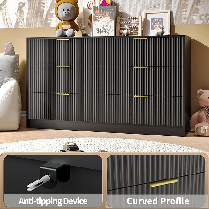 Black Dresser with 6 Deep Drawers, 55” Wide Fluted Dresser for Bedroom with Gold Handle, Modern Chest of Drawer for Closet, Bedroom, Living Room, Black