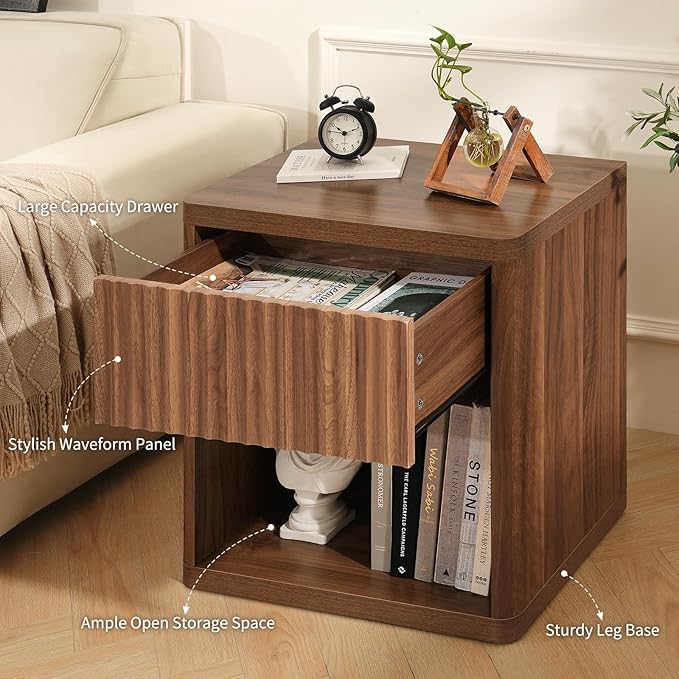 Night Stand Set of 2, Fluted Nightstand with Drawers, Wood Bedside Table with Storage, Mid Century Nightstands Night Stands Bed Side Table for Bedroom, Side Tables End Tables for Living Room