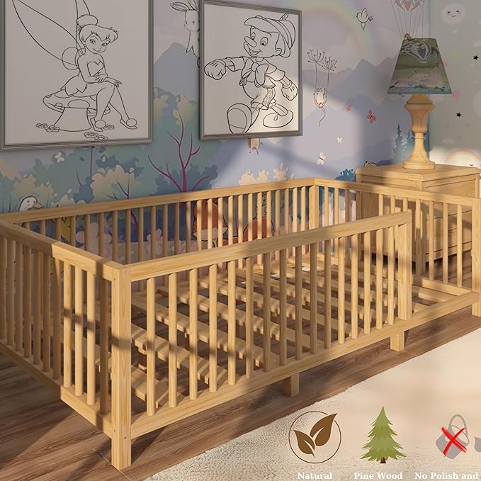 Montessori Floor Bed with Slats for Toddler 54.3'' x 75.2'' Full Size | Pine Wood Natural Solid Frame Bed | Sturdy Design Floor Bed Frame for Boy and Girls (Full, Height : 23.6 Inches)