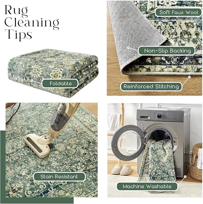 Dark Green Boho Front Door Mat for Indoor Entrance Washable Non Slip Cute Vintage Floral Aesthetic Area Rugs for Entryway Entry 4x6