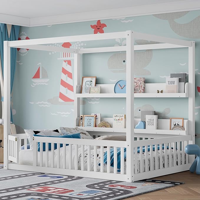 Polibi Full Size Montessori Floor Bed with Guardrails, Low Profile Solid Wood Canopy Frame with Built-in Shelves, No Box Spring Needed, for Kids & Teens, White