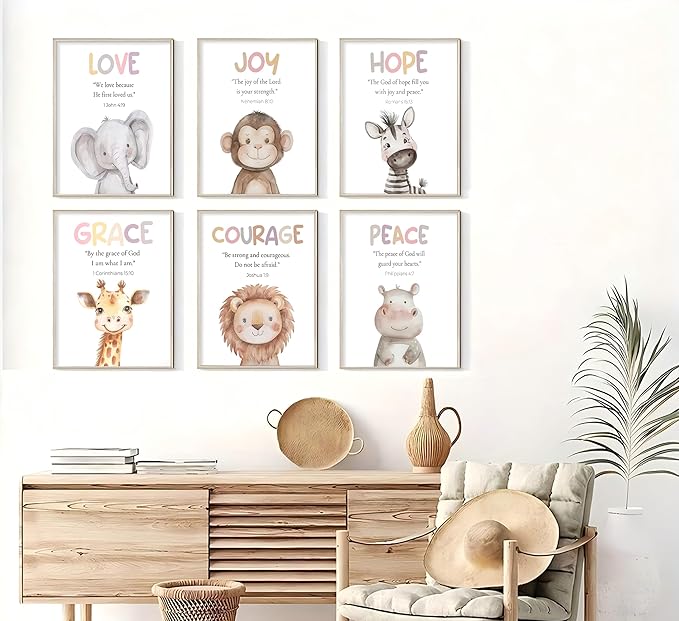 Safari Animal Bible Verse Nursery Wall Art Christian Picture Kids Room Wall Decor Uplifting Scripture Poster Hope Love Joy Jungle Animals Painting Canvas Print Artwork for Baby Room Playroom, Unframed