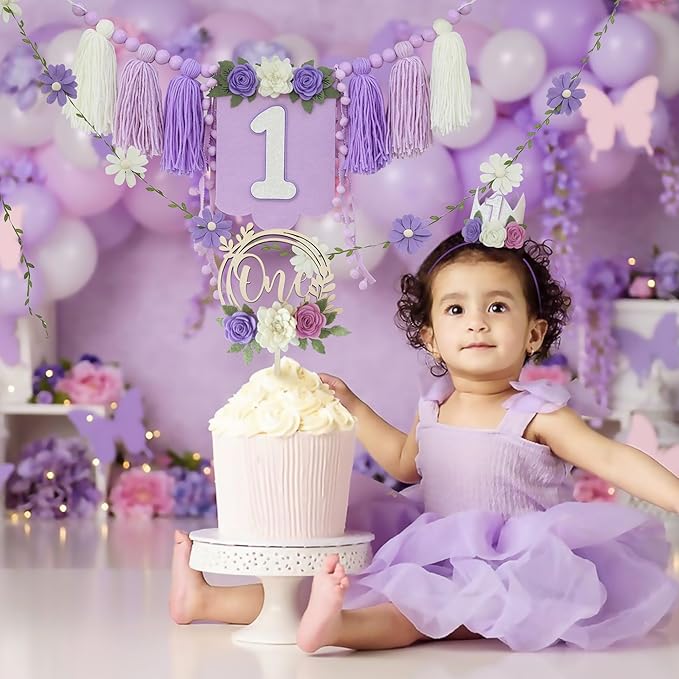 Wildflower 1st High Chair Banner Birthday Decorations For Girl One Flower Cake Topper Floral Hat Birthday Decoration Supplies