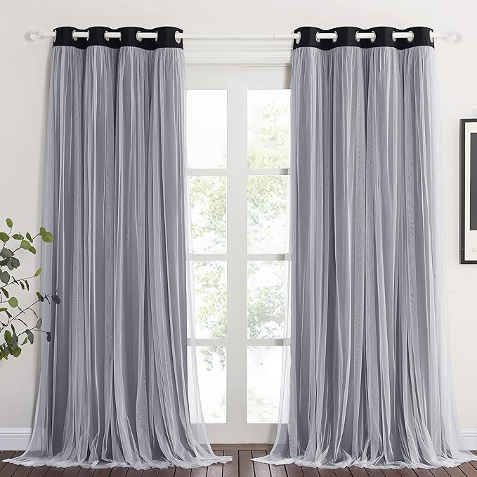 PONY DANCE Curtains for Bedroom - Blackout Curtains and White Sheer Overlay Light Blocking Drapes for Dining Room with Free Tiebacks, cortinas para sala modernas (52x63 inches, Black, 2 Pieces)