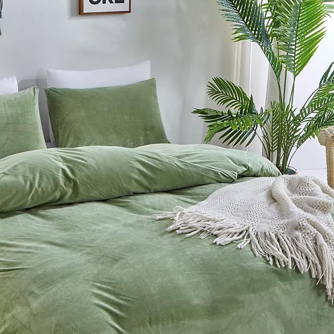 Houseri Sage Green Velvet Duvet Cover Queen Size - Light Green Fluffy Comforter Cover Full Size - Warm Micromink Sherpa Bedding Set