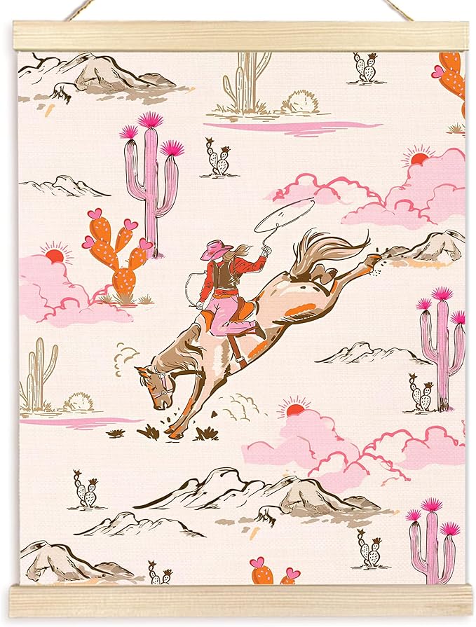 BESERH Pink Western Wall Art Posters, Cowgirl Room Wall Decor, Boho Wild Western Desert Cactus Rodeo Horse Cowgirl Canvas Prints Artwork Framed for Home Girls Bedroom Dorm, 12x16 Inch