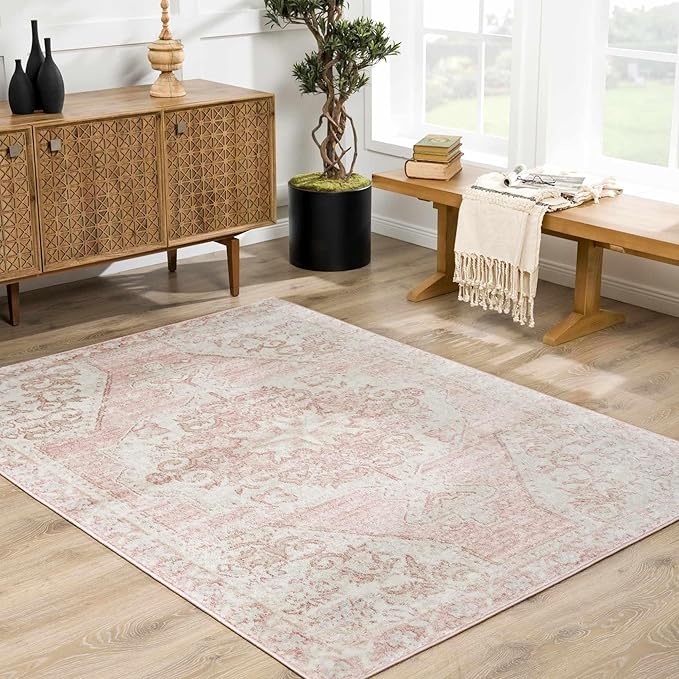 BoutiqueRugs Blush & Light Pink Collection Snead Bohemian Oriental Medallion Area Rug - Traditional Floral Carpet for Living Room, Bedroom - Blush, Pale Pink, Cream - 5'3" x 7' (5x7 Area Rug)