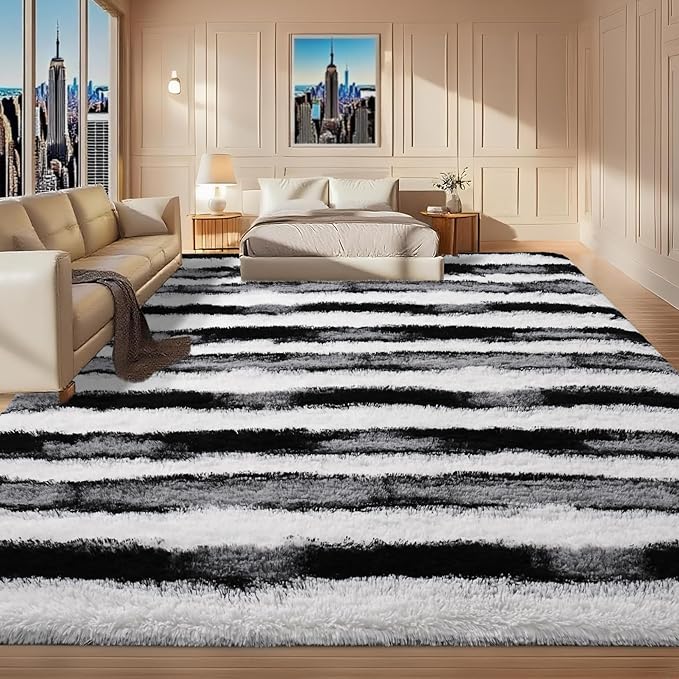 4x6 Feet Area Rugs for Living Room Bedroom,Black and White Machine Washable Soft Fluffy Shaggy Indoor Rug, Floor Carpet for Girls Boys Kids, Dorms, Nursery Rooms, Home Decor Aesthetic