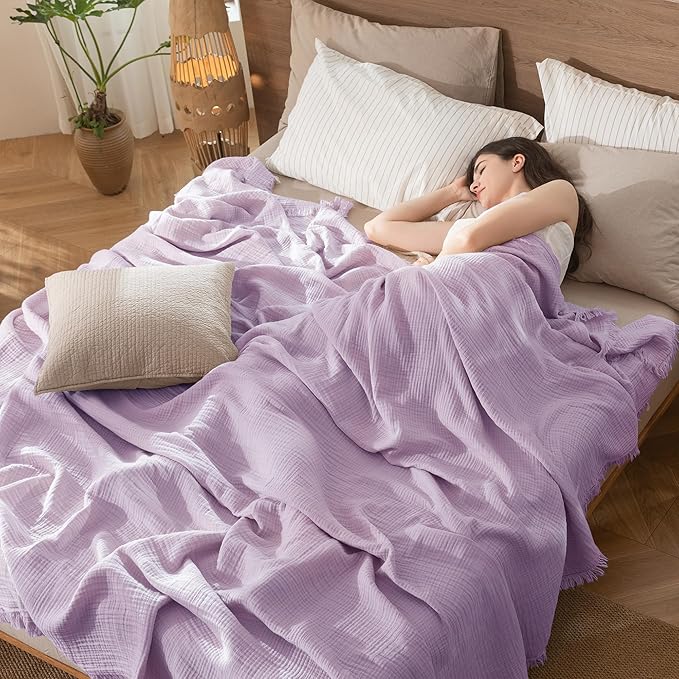 MooMee Muslin Blanket - 100% Cotton 4-Layer Gauze Throw Blanket with Tassels Ultra-Soft Breathable Lightweight Cooling for Bed Couch (Light Purple,Throw 60" x 50")