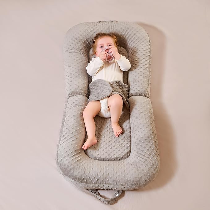 Baby Lounger Pillow- Portable Baby Lounger for Newborn, 0-24 Months,3-in-1 Baby Nest for Home and Travel, Foldable & Soft, CPC Certification Newborn Babies Essentials Gifts, Grey