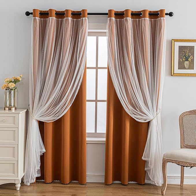 Anytime Home Curtains Blackout and Sheer Layered Solid Window Curtain Panel Pair with Grommet Top, 52Wx63L,Orange
