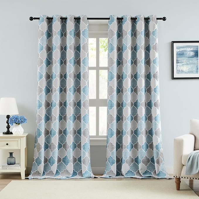Gray/Blue Geometric Curtains for Bedroom Living Room Moroccan Trellis Pattern Full Blackout Drapes 90 Inch Length Room Darkening Thermal Insulated Window Treatments Sets, 52" W，2 Panels