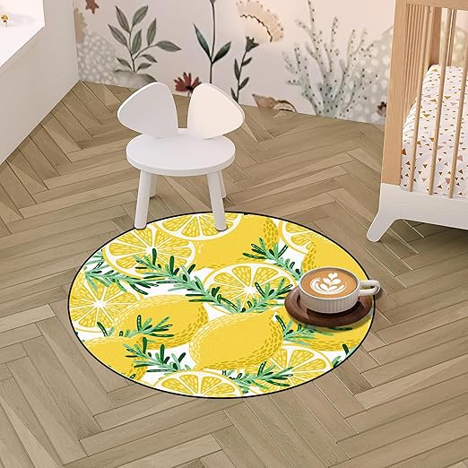 Round Lemon Rug Yellow Circle Rugs for Bedroom Dorm Living Room Lemon Tree Area Rug Floor Mat Pad Doormat Carpet, 3'X3'(90x90cm)