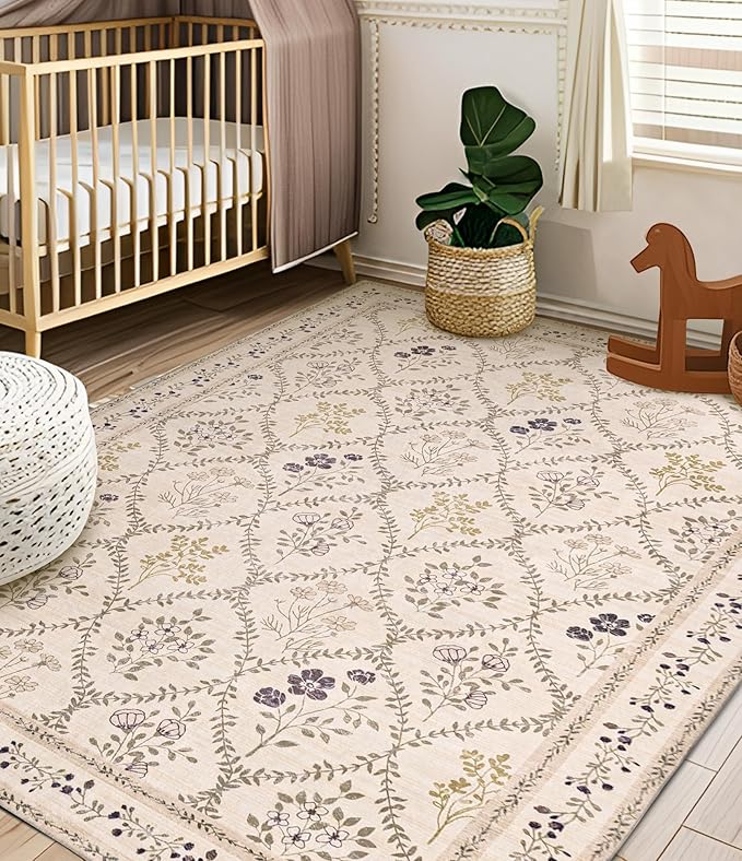 YIHOUSE Beige Floral Print Rugs, Moroccan Trellis 9x12 Washable Large Rug, Modern Pastel Non Slip Ultra-Thin Area Rug for Classroom, Nursery Playroom,Dorm,Bedroom,Living Room, Beige Multi