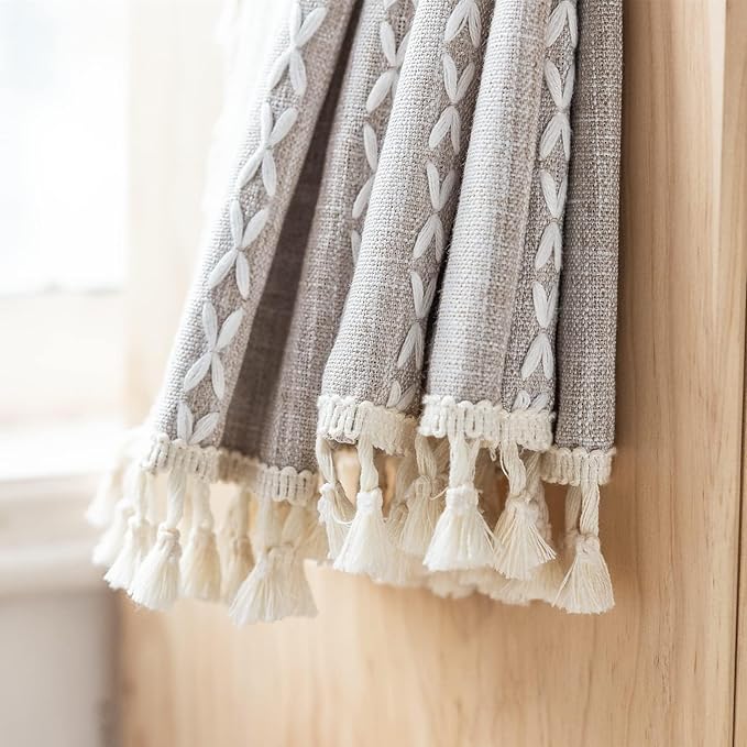 Deeprove Boho Curtains 108 Inches Long for Bedroom Living Room Patio, Bohemian Embroidery Cotton Linen French Country Window Treatment Tassel Drape Light Filter, W52 x L108 1 Panel, Natural