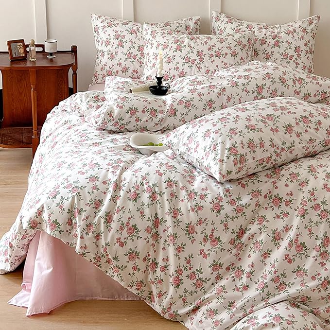 HighBuy Aesthetic Floral Duvet Cover Queen Size 3 Piece Soft Cotton Pink Floral Bedding Set Queen,Garden Coquette Comforter Cover Breathable,Boho Beige Duvet Cover Queen,2 Pillowcases