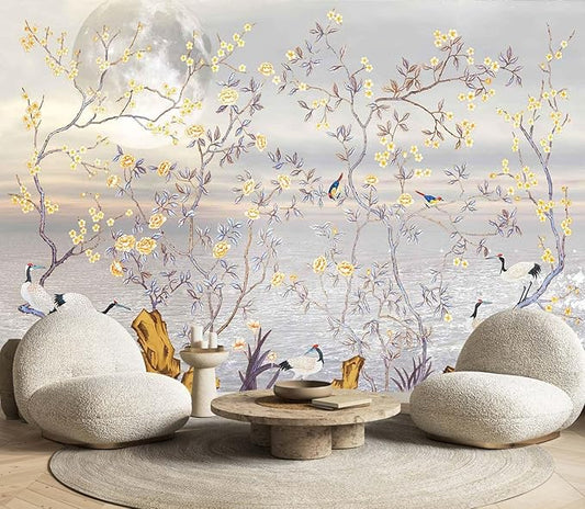 Flowers and Birds Wallpaper Riverside Landscape Wall Mural with Crane and Moon for Bedroom Living Room(Not Self-Adhesive)