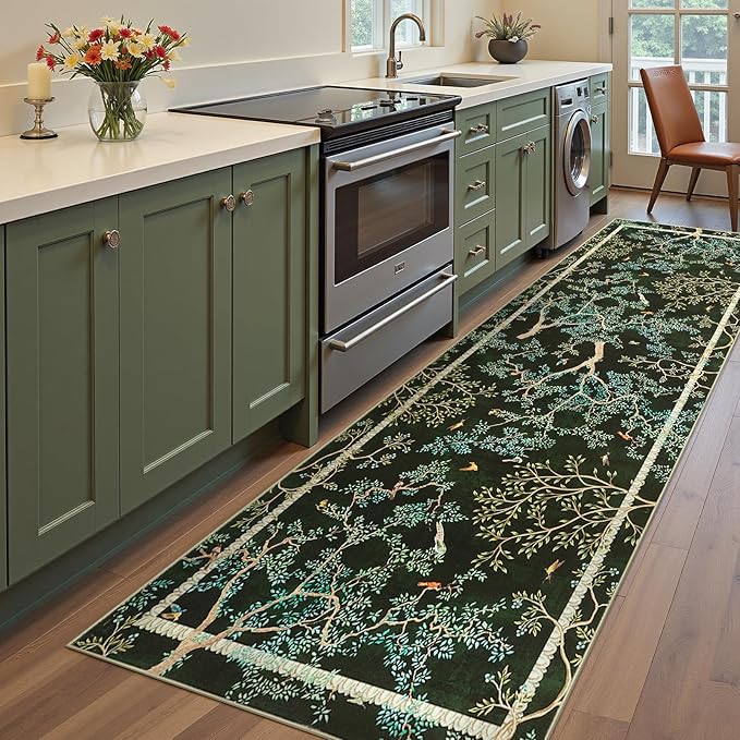 jinchan Yarden Moss Green Botanical Birds 3x10 Christmas Runner Rug for Hallway - Washable Non-Slip Soft Nature Plants Modern Runner Carpet,Vintage Low Pile Rug for Entryway Living Room Kitchen