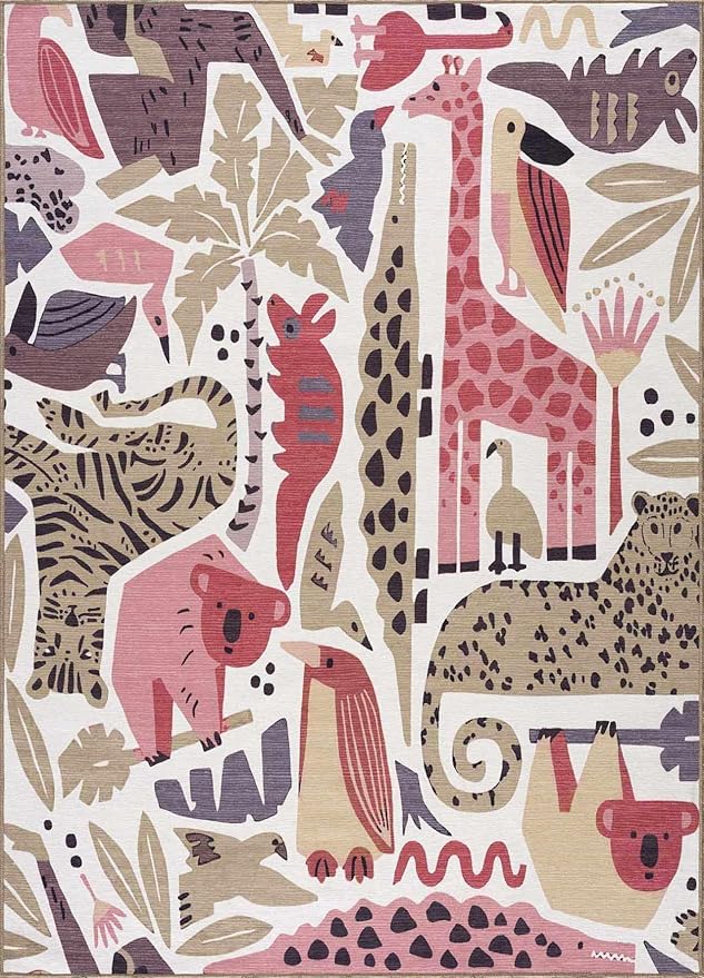 Hauteloom Natal Kids Room, Nursery Machine Washable Area Rug - Animals - Beige, Terracotta - 7'10" x 10'2"