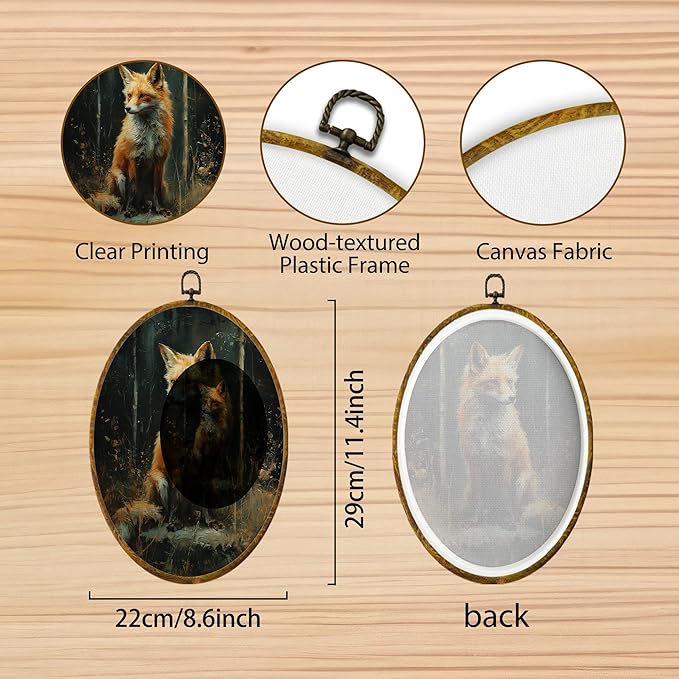 Hiuwevt Vintage Forest Fox Round Wall Art Decor, Dark Academia Fox Framed Canvas Prints, Cottagecore Wild Animal Round Wall Hanging Decor for Home Bedroom Living Room Decorations, 8.6x11.4 Inches