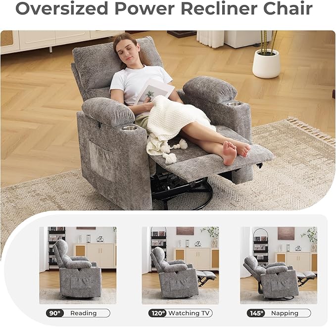 Oversized Power Recliner Chair Swivel Glider with Massage and Heat, Swivel Rocker Recliner with Adjustable Armrests, 26" Wide Nursery Chair with Storage Ottoman, Rocker Nursery Recliner, Dark Grey