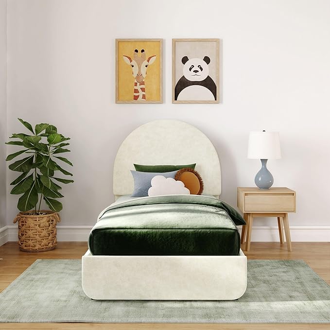 Max & Lily Upholstered Twin Bed Frame with Arch Headboard, Upholstered Platform Bed for Kids, No Box Spring Needed, Easy Assembly, Cream