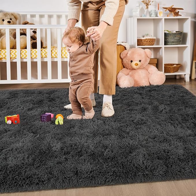 Merelax Soft Modern Indoor Large Shaggy Rug for Livingroom Bedroom Dorm Kids Room Home Decor, Non-Slip Plush Fluffy Furry Fur Area Rugs Comfy Nursery Accent Floor Carpet 9x12 Feet, Dark Grey