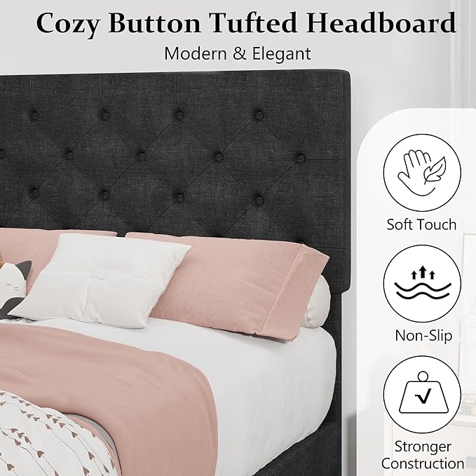 BarnFurin Twin Bed Frame, Upholstered Platform Bed with Button Tufted Headboard, Fabric Bed Frame with Wooden Slats Support, No Box Spring Required, Easy Assembly, Dark Grey