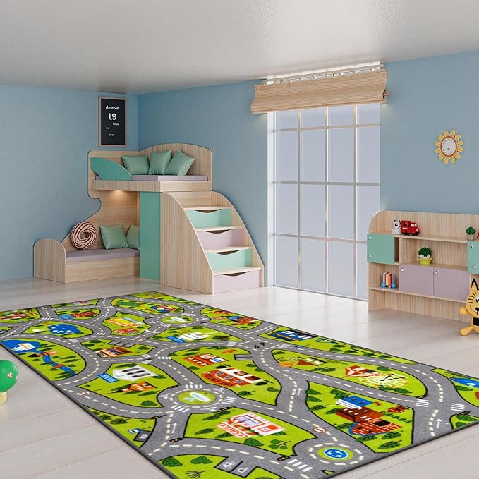 STARUIA Washable Kids Carpet Playmat Rug for Boys Play Room, Baby Fun Learning Car Rug for Kids Toy Cars, Non-Slip City Road Rugs for Kids Room Bedroom Classroom, 79"x39"