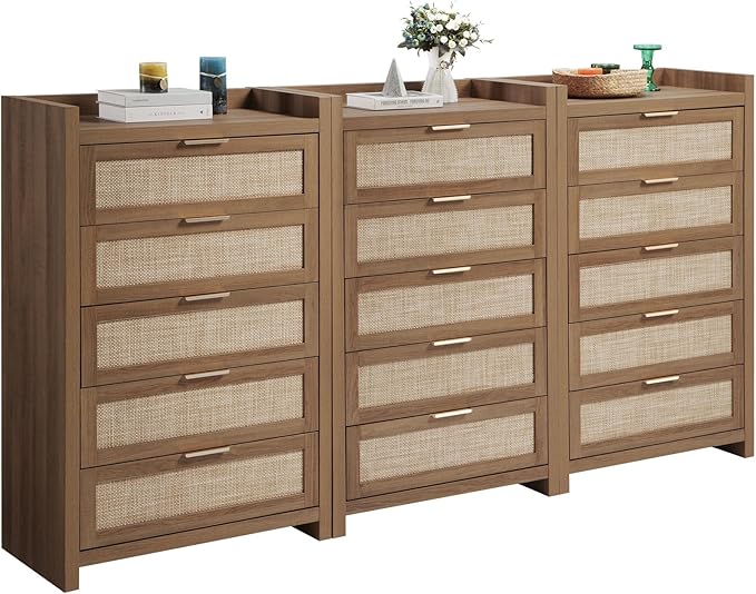 SICOTAS Dresser for Bedroom Chest of Drawers 46" Tall Dresser for Closet with 5 Rattan Drawers Boho Nightstands Set of 3 Large Clothes Storage Cabinet TV Stand for Living Room Hallway Nursery Entryway
