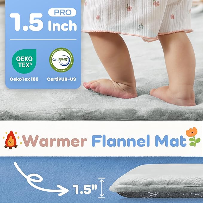 1.5" Thick Baby Play Mat for Floor, 50x50 Playpen Mat, Pro Soft Flannel Foam Mats Toddler Infant Kids Crawling for Nursery Rug Playroom Living Room Waterproof Easy Care Non-Slip (Light Grey)