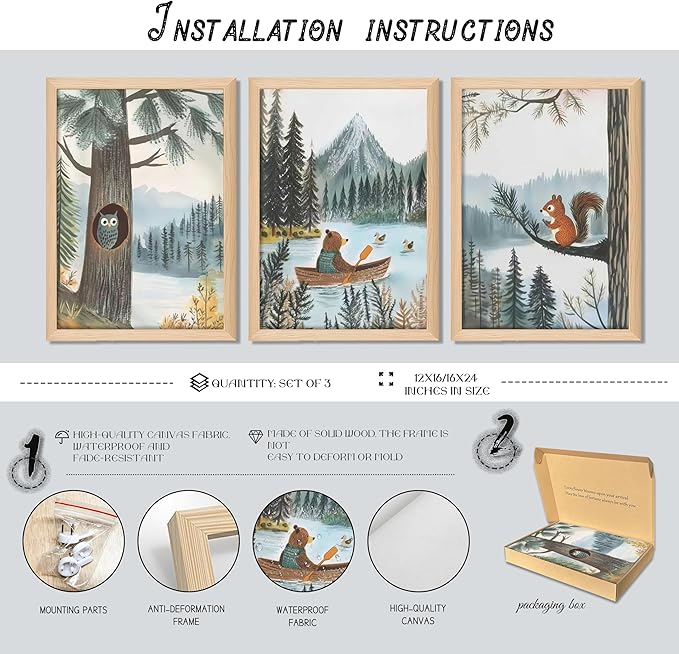 Framed Cute Animals Wall Art Set of 3, Woodland Bear Canoe Adventure Nursery Decor, Owl Squirrel Kids Room Pictures Prints, Wild Animals Canvas Wall Decor for Baby Room Decor – 16x24 inch