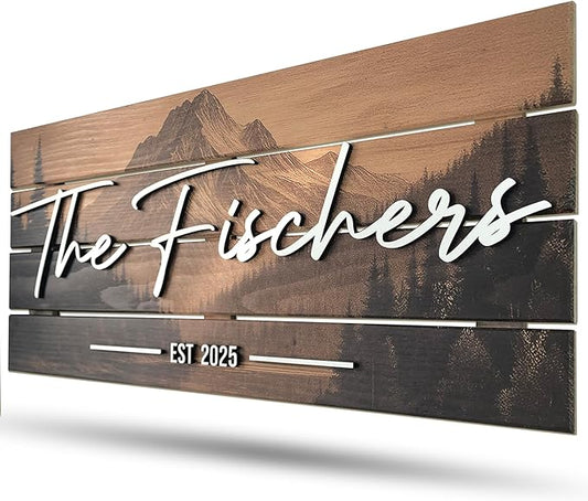 Custom Mountain Family Name Sign - Rustic Wood Wall Decor, Personalized Wedding & Gift for Anniversary Couples, Housewarming Gift for New Home