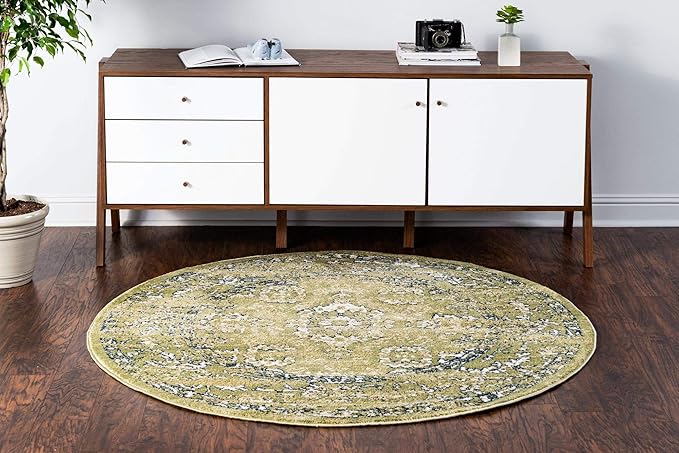 Rugs.com Charleston Collection Rug – 5 Ft Round Green Low-Pile Rug Perfect for Kitchens, Dining Rooms
