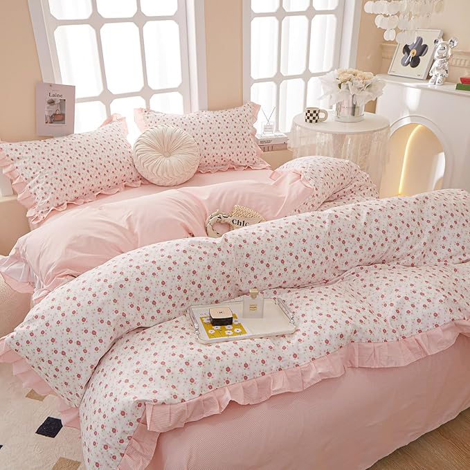 Floral Ruffe Duvet Cover King Garden Flower Print Lace Duvet Cover 100% Cotton Girls Floral Comforter Cover Reversible Pink Striped Ruffle Comforter Cover Romantic Lace Princess Bedding Set King