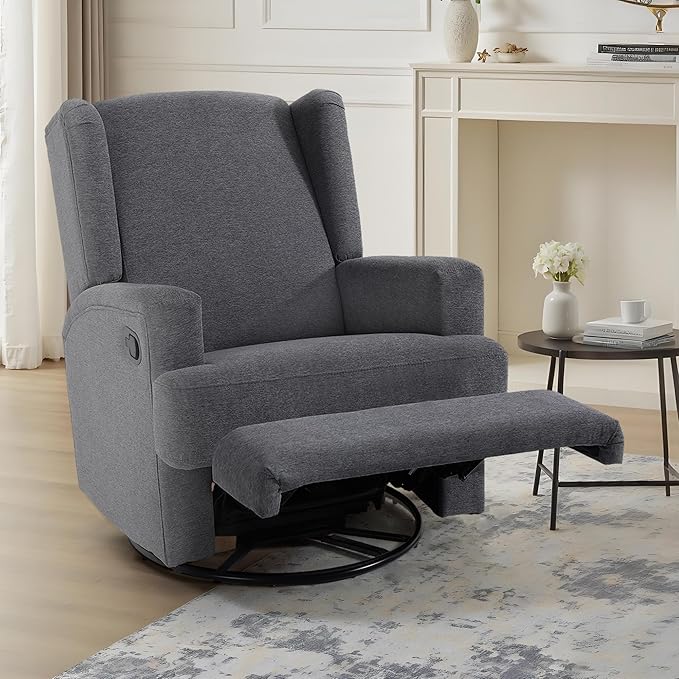 UIXE Swivel Glider Recliner Chair for Adults, Fabric High Back Accent Chair Nursery Rocker for Living Room, Upholstered Manual Reclining Sofa Seating with Deep Seat - Charcoal Gray