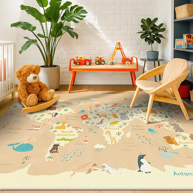 Huge Kids Rugs for Living Room - 9x12 Large Classroom Rug for Children Play & Learning, Washable Ultra Soft World Map Carpet with Ocean, Continents & Cute Animals