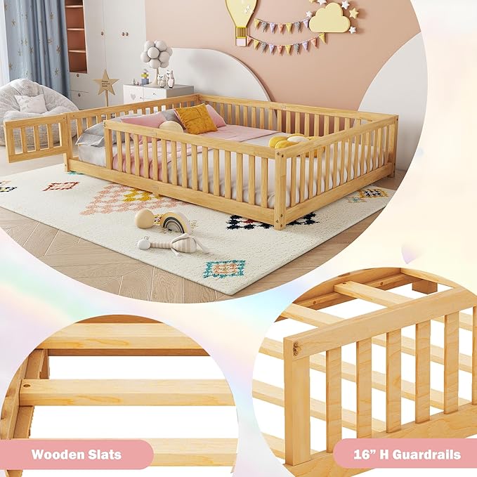 Bellemave Queen Size Floor Bed Frame with Slats and Safety Guardrail, Wood Queen Size Montessori Floor Bed with Door and Fence, Easy Assemble Montessori Beds for Kids, Girls, Boys, Natural