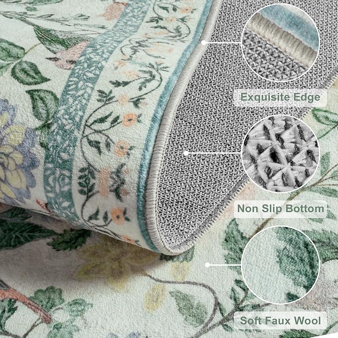 Green Floral 5x7 Area Rug, Washable Non-Slip Boho Rugs for Living Room Low Pile Flower Birds Bedroom Rug, Soft Non-Shedding Botanical Indoor Carpet for Nursery Playroom Dining Room